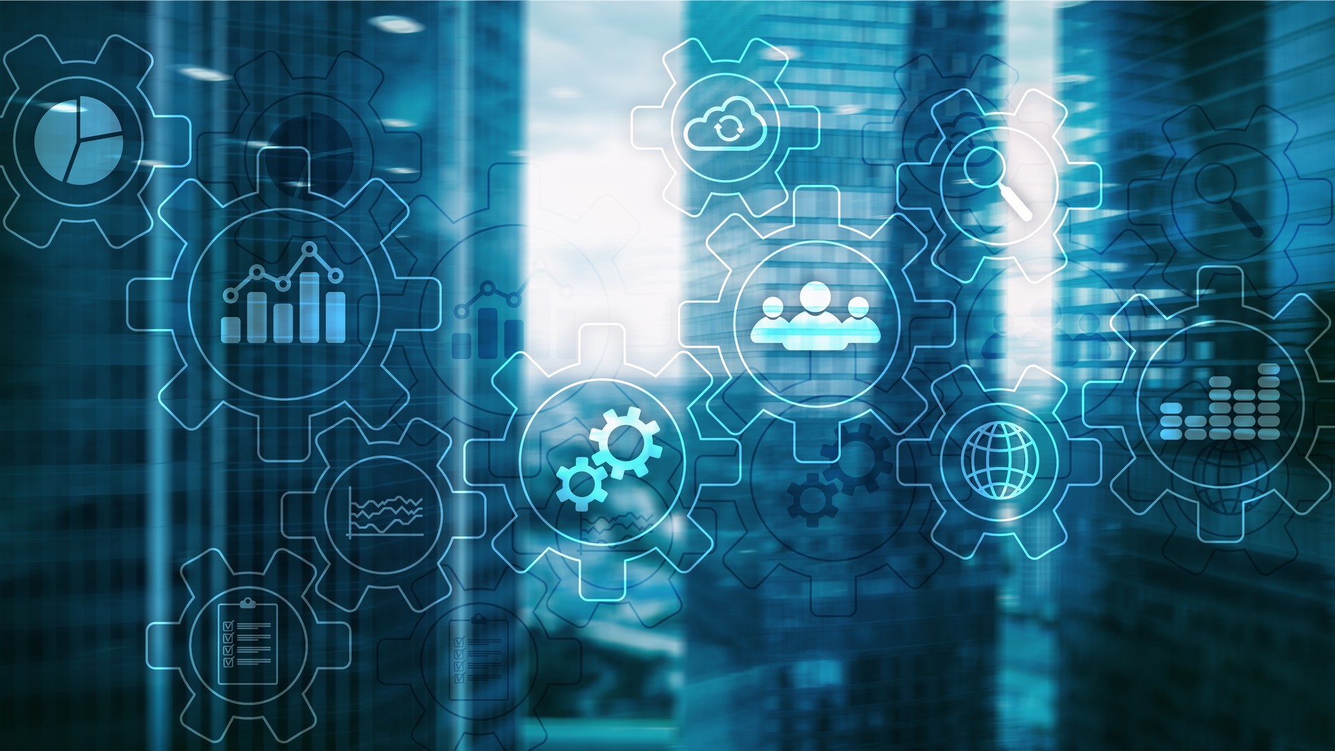 Business process abstract diagram with gears and icons. Workflow and automation technology concept.